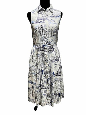 #ad Chetta B Size 8 Blue And White Cafe De Floure Sleeveless Dress With Pockets