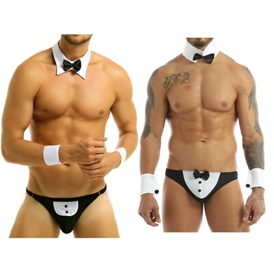 #ad Mens Waiter Tuxedo Lingerie Sexy Dancer Open Back Suit Cuffs Briefs Underwear