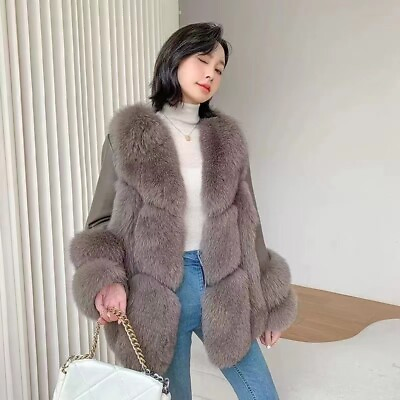 #ad Womens Fox Fur Coats Real Sheep Leather Jackets Mid Long Outwear Parka Warm