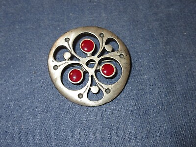 #ad Sterling Silver 925 Round Brooch Open w Red Stones 1.5 in Diameter 11 Grams