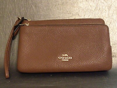 #ad Coach British Tan Brown Double Zip Wristlet Pebbled Leather