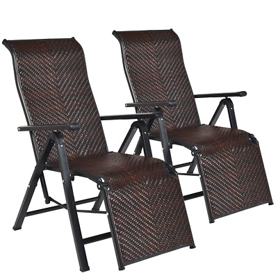 #ad #ad 2PCS Patio Rattan Folding Lounge Chair Recliner Back Adjustable Beach Yard Pool