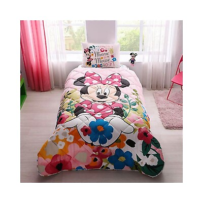 #ad 100% Cotton Girls Bedding Minnie Mouse Comforter Set with Flat Sheet Twin Size