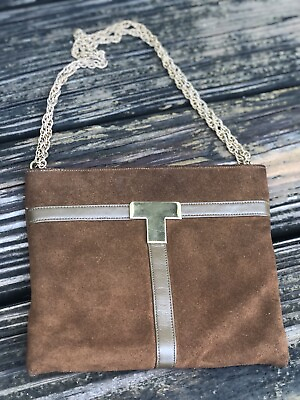 Triangle Brown Suede Handbag Purse Bag Clutch Handbag Gold Chain Vtg 70s 80s