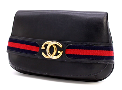 #ad Gucci Vintage Bag Clutch Handbag Sherry GG Interlocking Leather Navy Authentic