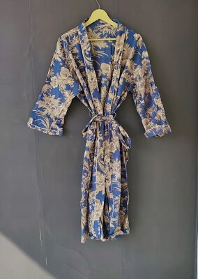 #ad Indian Cotton Robe Long Kimono Sleepwear Grey Floral Print Night Kimono Robes US