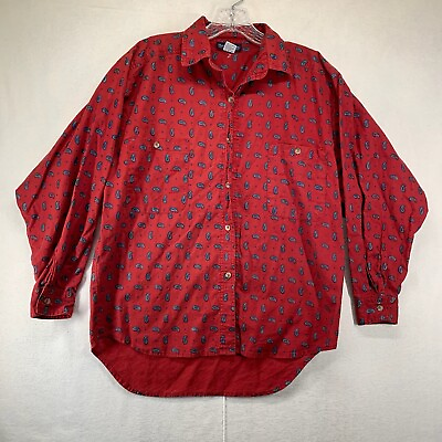#ad Vintage Paisley Button Up Shirt Mens Medium Red Long Sleeve 2 Pockets