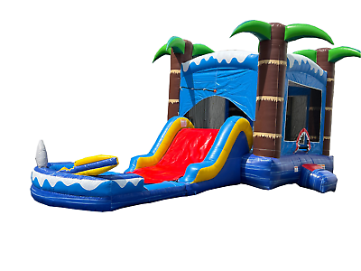 #ad HeroKiddo Ocean Shark Inflatable Water Slide Bounce House Combo Pool No Blower