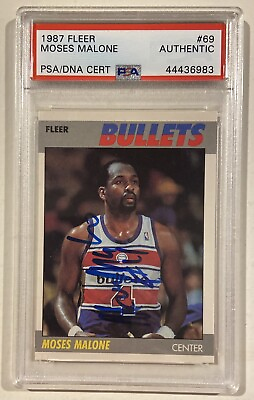 #ad 1987 88 Fleer MOSES MALONE Autograph Signed Basketball Card #69 PSA DNA Bullets