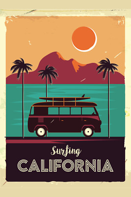 #ad Surfing California Coastline Vintage Van Palm Trees Art Print Poster 12x18