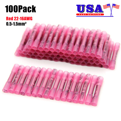 #ad 100Pcs Red Heat Shrink Butt Wire Connectors Crimp Terminals AWG 22 16 Gauge