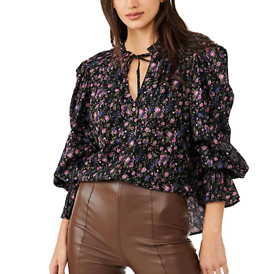 #ad Free People Meant To Be Romantic Floral Blouse Shirt Womens Size Medium Black