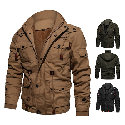 #ad Men#x27;s Winter Fleece Lined Jacket Warm Casual Tactical Hooded Zip Up Coat Outwear