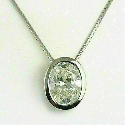 #ad 3Ct Oval Real Moissanite Bezel Set Pendant 18quot; Free Chain Solid 14K White Gold
