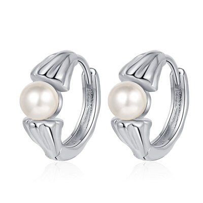 #ad 925 Sterling Silver Hoop Huggie Earrings Pearl Ear Buckle Women Wedding Earrings