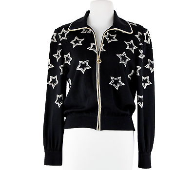 #ad St John Collection Sz S Cream Black Gold Stars Rhinestone Santana Knit Jacket