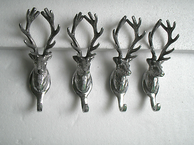 #ad Metal Deer Head Coat Hook Lot of 4 Wall Mount Stag Hooks Figurine fxx*