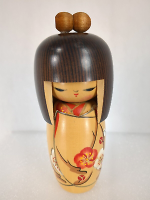 #ad Japanese Kokeshi Wood Geisha Girl Flower Doll 6quot; Signed