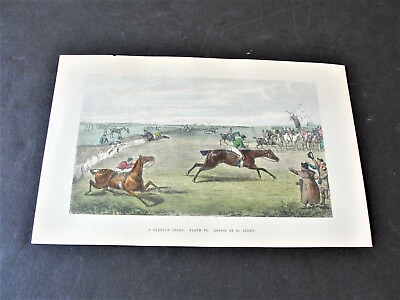 #ad A Steeple Chase Plate VI 1800s Colored Print Drawn by Henry Alken Book Page.