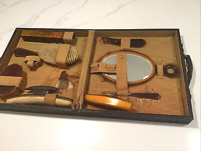 #ad Rare Vintage antique 9 Piece Beauty Set In Wood Case Mirrors Brushes And More