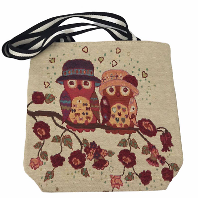 #ad New Hand Stitched Look Woodland Creatures Owl Couple Handbag Tote