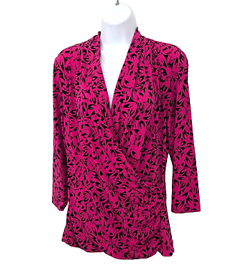 #ad Chaus Women Pink Black Geometric Print Wrap Front V Neck Tunic Top L Large