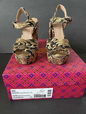 #ad Tory Burch Black And Gold Embroidered Brocade Platform Sandals Size 5 1 2￼