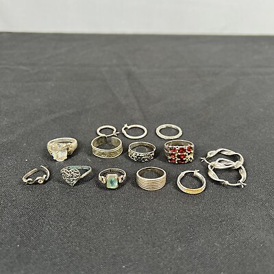#ad Lot Of Vintage Antique Sterling Silver Jewelry Rings Earrings