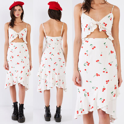 #ad NEW Ivory White Cherry RETRO Tie Bow Cutout Wrap Ruffle Hem Cami Cute Midi Dress