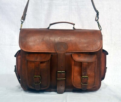 #ad New Mens Real Vintage Goat Leather Brown Messenger Shoulder Laptop Briefcase Bag