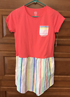 #ad Wonder Nation Girl casual Dress Sz L 10 12 PLUS NWT coral pink rainbow S S 129