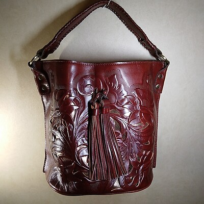 #ad Patricia Nash Otavia Cut Out Tooling Leather Bucket Bag British Burgundy