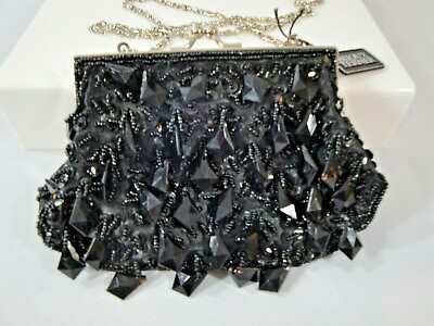 #ad BIJOUX TERNER Evening Bag Black Beaded Small Purse Silver Chain 4quot; x 6quot; Kisslock