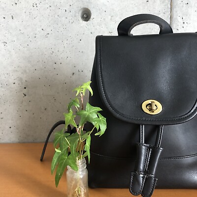 #ad COACH Vintage 9960 Black Leather Drawstring Turnlock Daypack Backpack