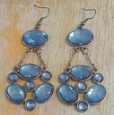#ad Vintage Y2k Faceted Lucite Resin Blue Cabochon Dangle Retro Earrings
