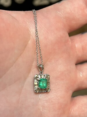 #ad 14kt White Gold 1.5 CT Colombian Emerald And 1.5 CT Diamond Necklace