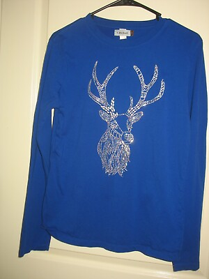 #ad P Michael Women#x27;s LS Christmas Tee Shirt Size Medium Royal Blue w Reindeer