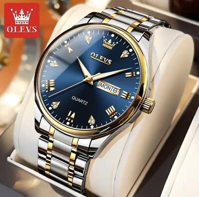 #ad OLEVS Brand Men#x27;s Quartz Watch Stainless Steel Waterproof Luminous Silver amp; Blue