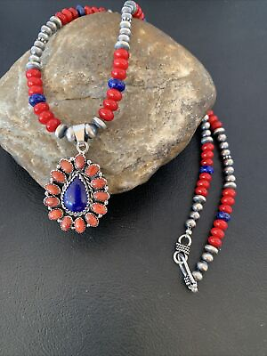 #ad Lapis Red Stabilized Coral Cluster Pendant Navajo Sterling Silver Necklace 10633