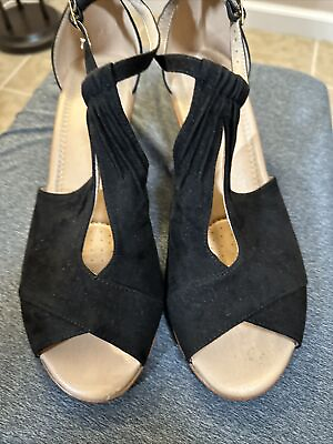 #ad Women’s Black Faux Suede ankle strap wedge Heel.