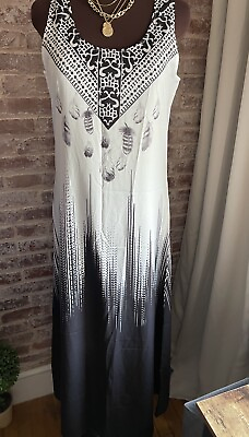 #ad New Maxi Slip Dress Black White Feather Print Sleeveless Lightweight Medium