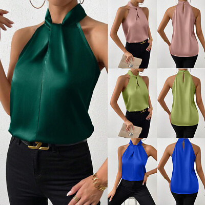 #ad Womens Sexy Halter Neck Tank Top Sleeveless Shirt Casual Satin Silk Blouse Tee *
