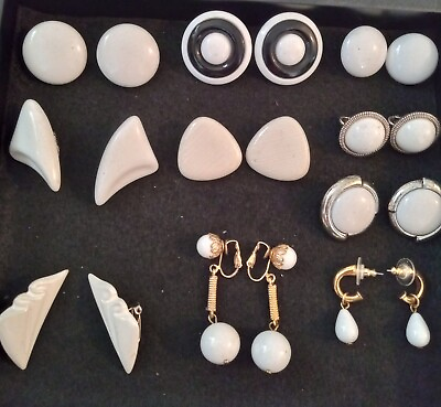 #ad Vintage Clip On Earrings Lot Of 9 PRS 1 PR Of PIERCED EARRINGS All Are White