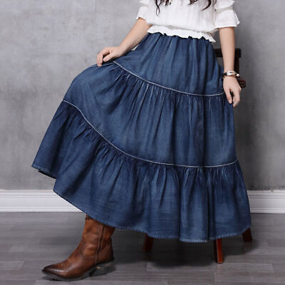 #ad Womens Elastic Waist Denim Long Tiered Skirt Fashion Blue Jeans Maxi Dress