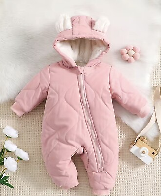 #ad Baby Long Sleeve Pink Hooded Romper Jumpsuit Cotton Warm Thick Outfits 6 9M