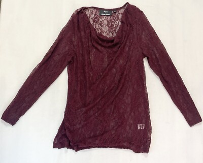 #ad Dennis Basso Sz L Wine Red Cowl Neck Sheer Lace Floral Long Sleeve Blouse Top