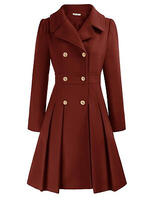 #ad GRACE KARIN Women Winter Coat Elegant Notched Lapel Double Breasted Dark Red ...