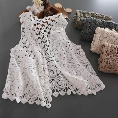 #ad Women Lace Hollow Crochet Cardigan Open Front Vest Cotton Knit Gilet Tank Tops