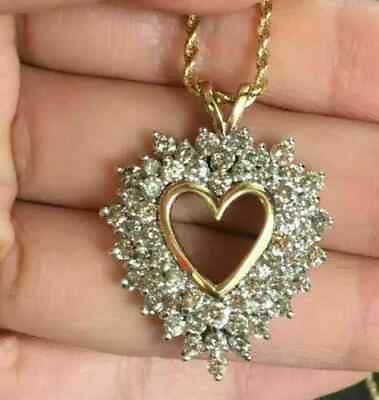 #ad 3 CT Round Cut Diamond Heart Pendant 14K Yellow Gold Over Necklace Valentine