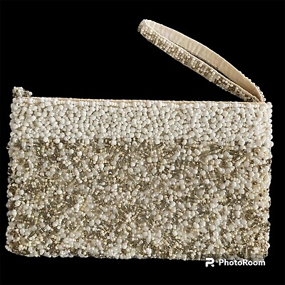 #ad NWOT Beaded Clutch Wristlet Evening Bag White Beige Gold Beads